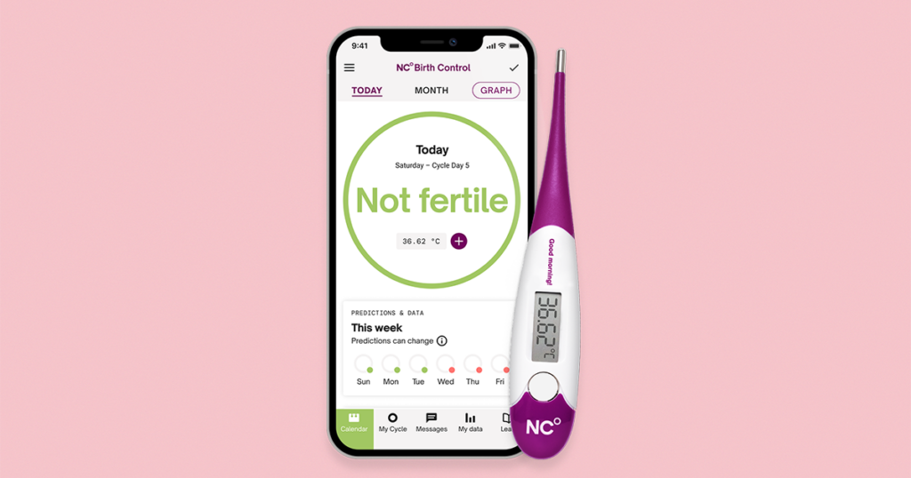 Natural Cycles App and thermometer showing 'not fertile' on phone screen