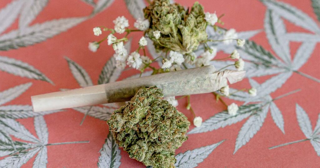A rolled spliff with two cannabis extracts, on coral pink paper patterned with hemp leaves