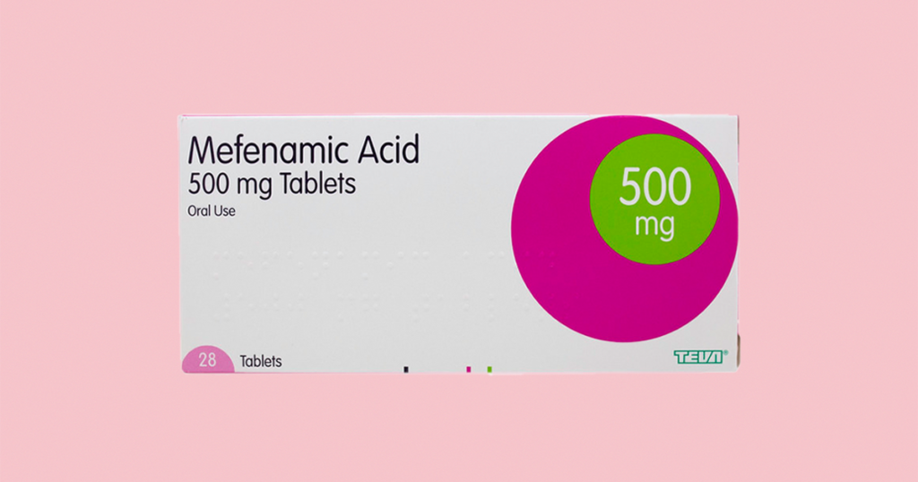 Packet of mefenamic acid on a pink background