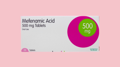 Packet of mefenamic acid on a pink background