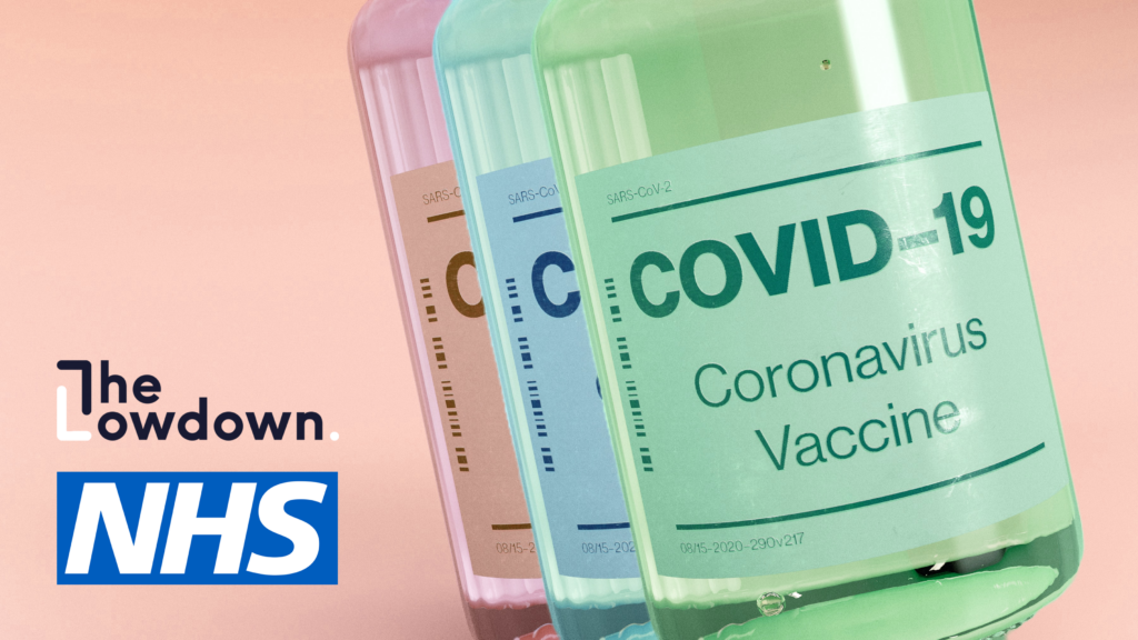 The Lowdown and NHS logos with COVID-19 Vaccine bottles