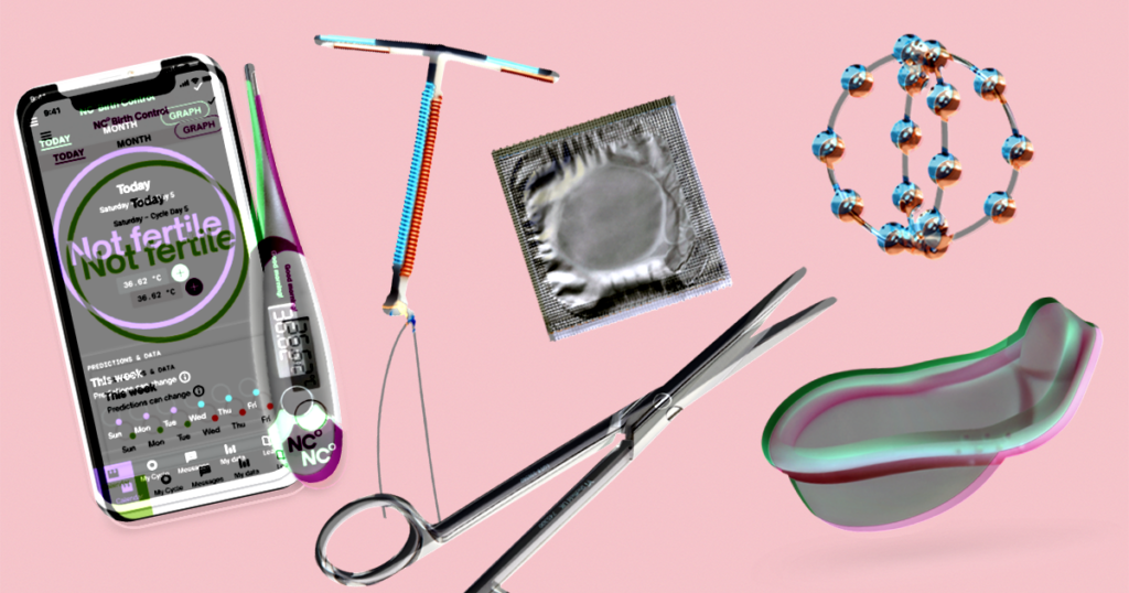 Non hormonal contraception methods like the Natural Cycles app, copper coil, condoms, Ballerine IUB, surgical scissors and a diaphragm on a pink background