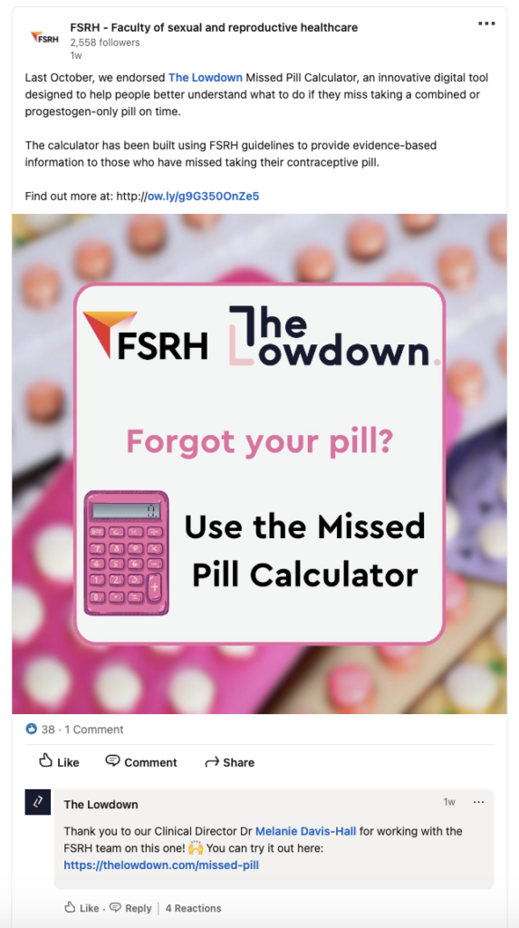 FSRH endorsing The Lowdown's missed pill calculator on LinkedIn